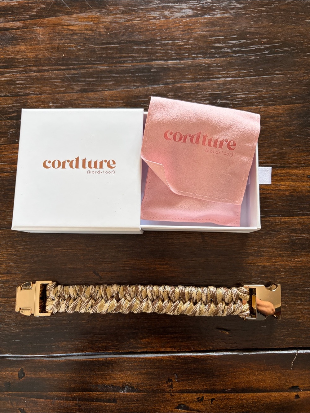 Gold Braided Bracelet - cordture friendship bracelet, never worn, box & pouch